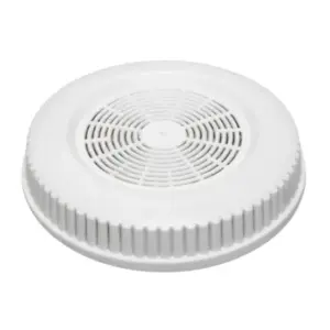 Disco filtrante blanco para acuarios con diseño de ranuras circulares concéntricas y bordes estriados, mostrado en perspectiva.