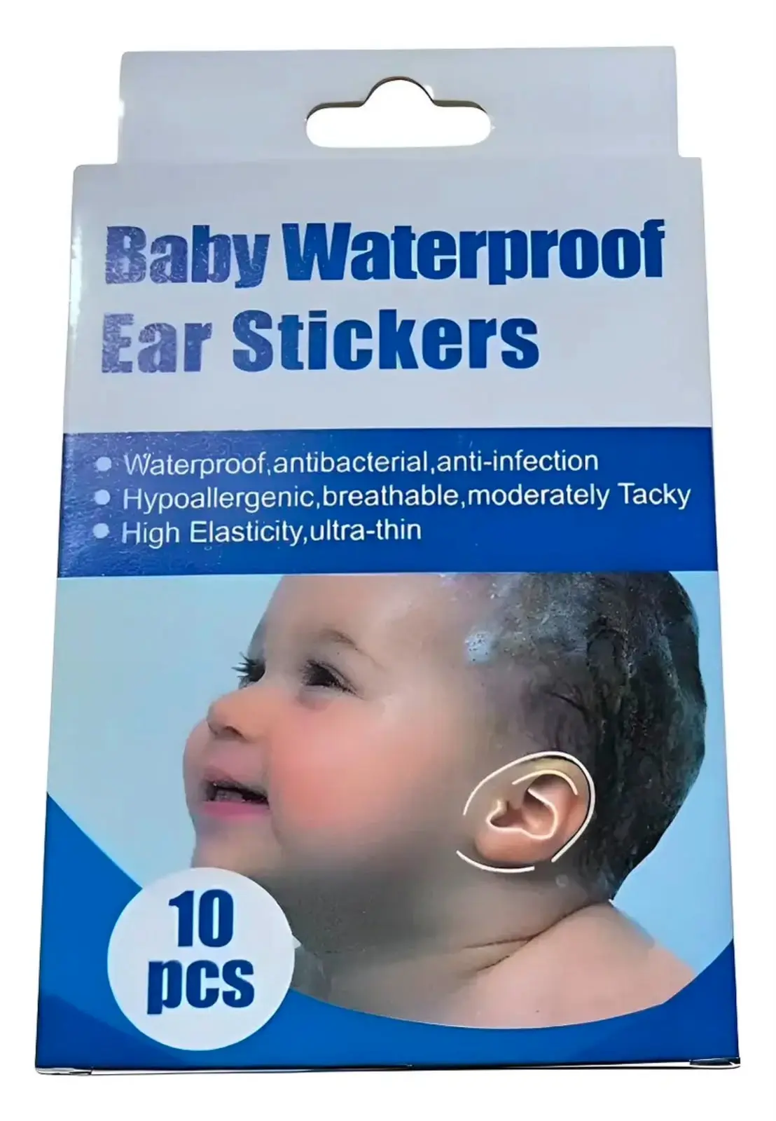 Caja blanca y azul de parches impermeables para oídos de bebés con fotografía lateral de un niño usando el producto, presentación de diez piezas.