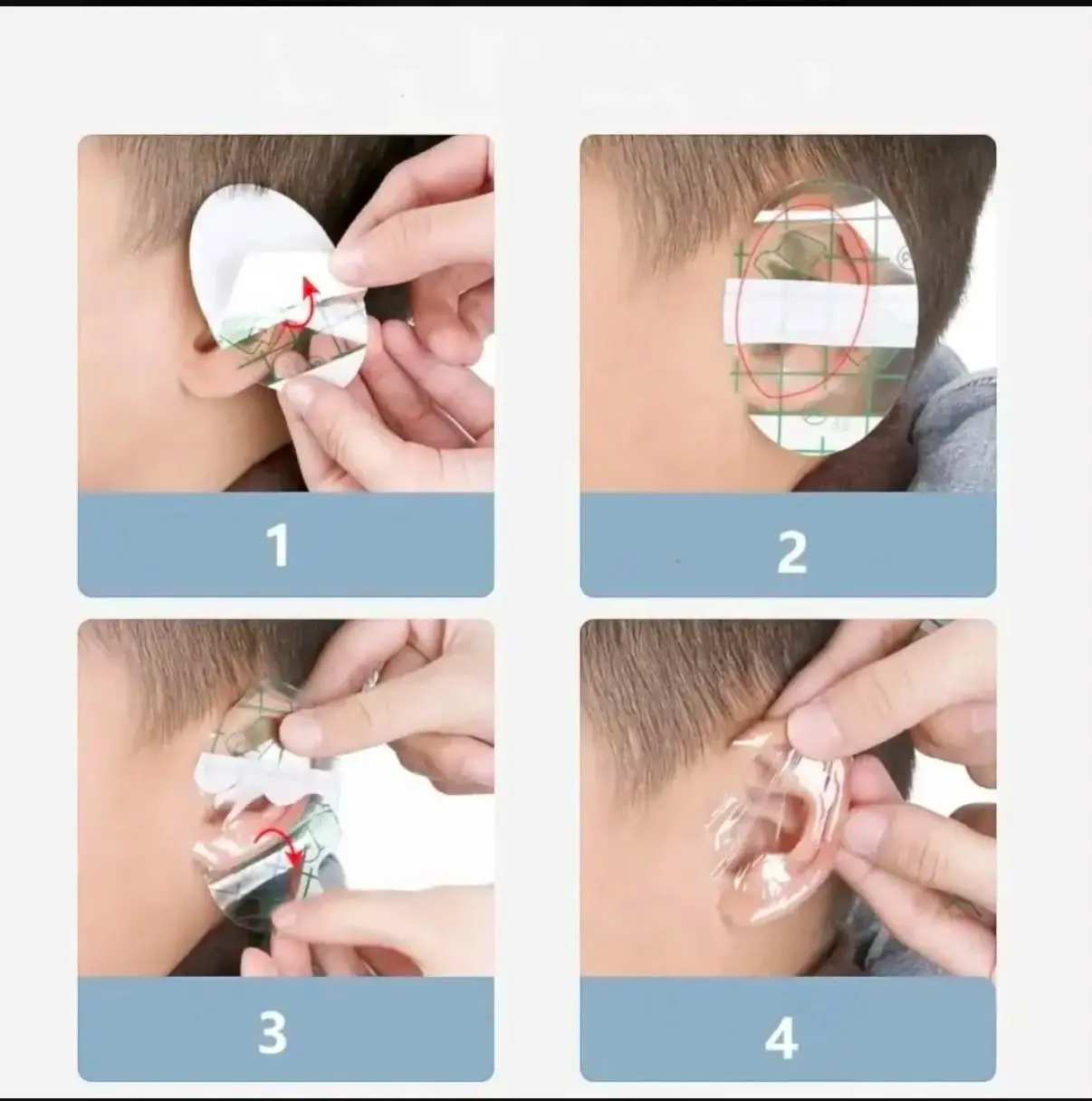Instrucciones paso a paso para colocar un parche impermeable transparente sobre la oreja de un niño para protegerla del agua.