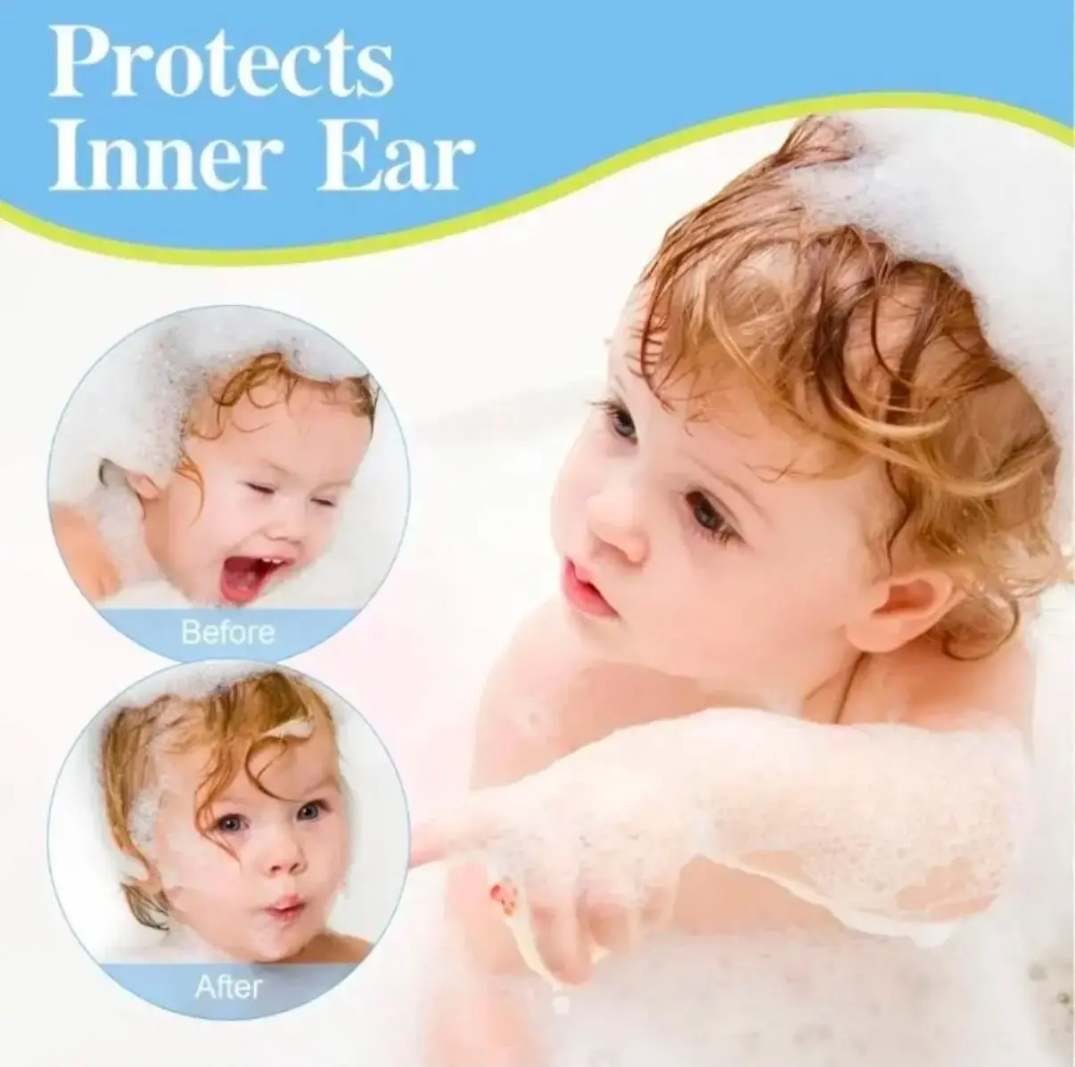 Bebé feliz en la bañera con espuma, mostrando imágenes antes y después de usar parches protectores transparentes impermeables para oídos.