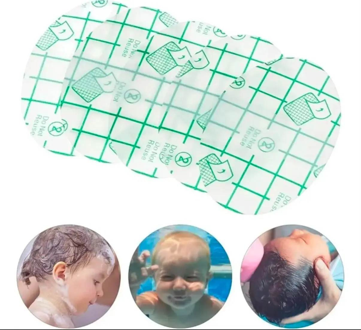 Pack de parches transparentes circulares con cuadrícula verde para proteger oídos de bebés del agua en la ducha y piscina