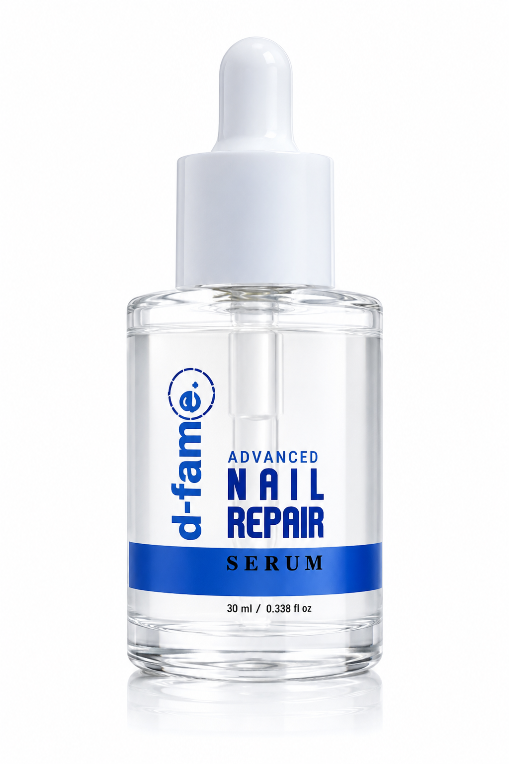 Sérum reparador de uñas D-Fame Advanced Nail Repair en frasco de vidrio transparente con gotero blanco, presentación de 30 ml.