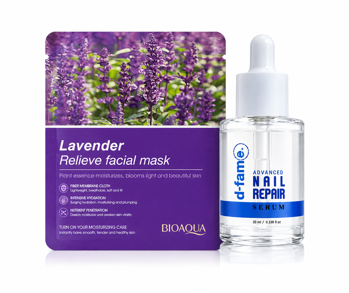Mascarilla facial de lavanda Bioaqua y sérum reparador de uñas D-Fame de 30 ml en frasco transparente con gotero.