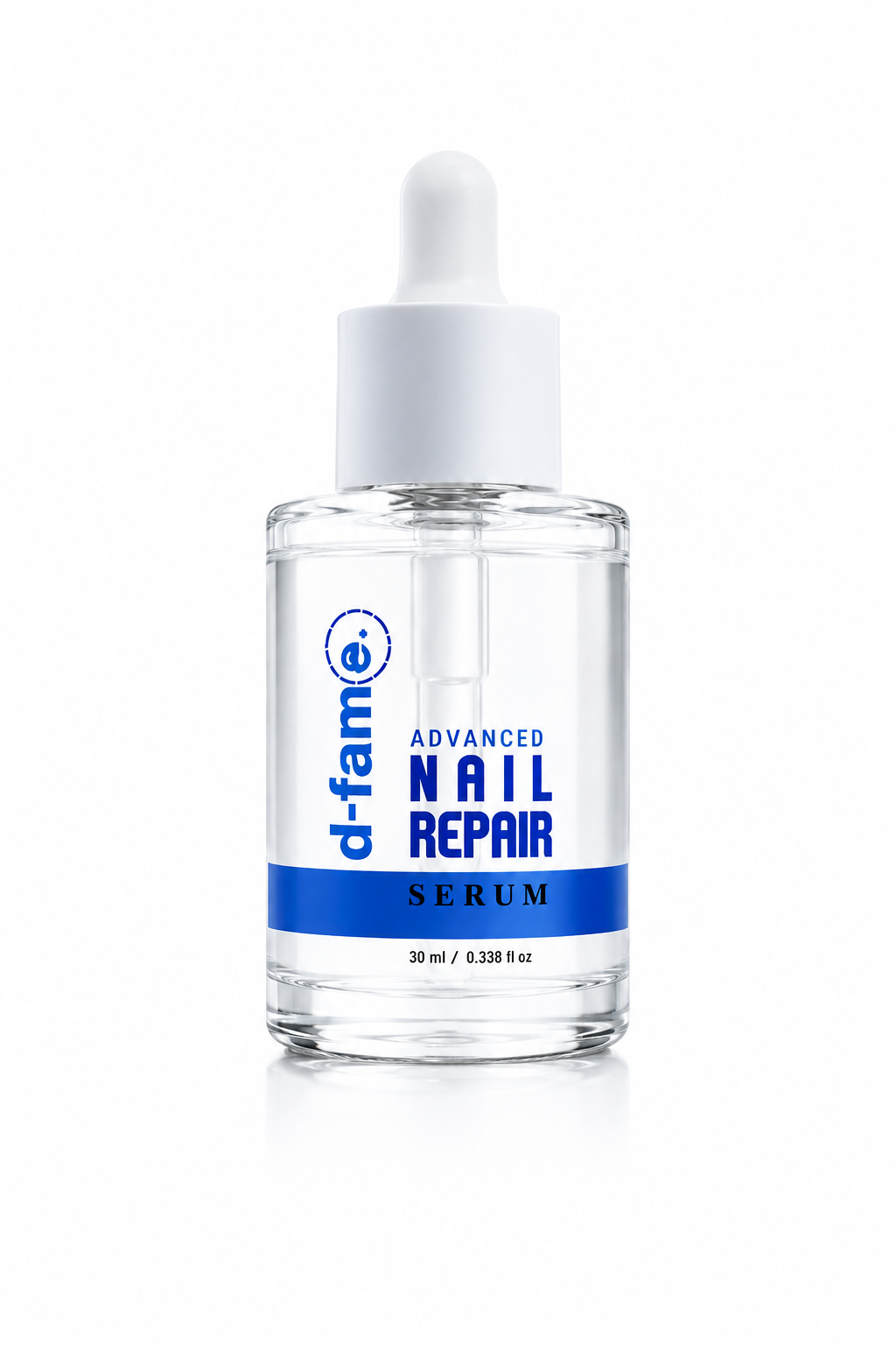Sérum reparador de uñas d-fame Advanced Nail Repair en frasco de vidrio transparente con gotero blanco, presentación de 30 ml.