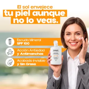 Protector solar facial mineral Yanay SPF 100 200 ml antimanchas - Previene el fotoenvejecimiento mientras cuida tu piel diariamente