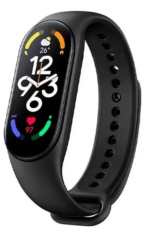 Reloj inteligente M7 negro con correa de silicona perforada y pantalla ovalada activa que muestra hora, clima y pulso.