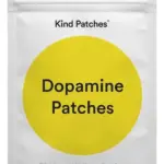 Empaque resellable blanco de Kind Patches con círculo amarillo brillante en el centro que dice Dopamine Patches, incluye 30 parches veganos de bienestar mental.