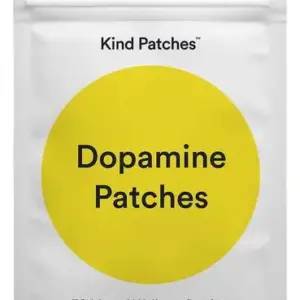 Empaque resellable blanco de Kind Patches con círculo amarillo brillante en el centro que dice Dopamine Patches, incluye 30 parches veganos de bienestar mental.