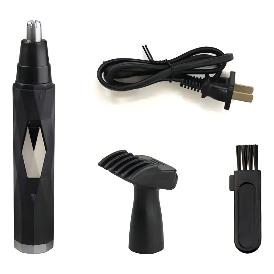 Set recortadora de vello nasal negra con interruptor plateado, cable de carga, cabezal adicional y cepillo limpiador sobre fondo blanco