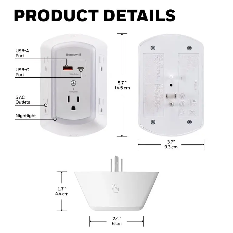 Protector Honeywell blanco con 5 tomas AC, puertos USB-A y C, luz nocturna. Medidas: 14.5 cm alto, 9.3 cm ancho y 4.4 cm de profundidad.