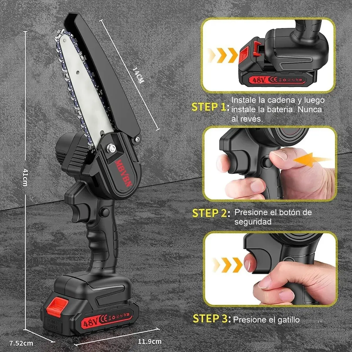 Motosierra a batería negra de 41 cm de alto con guía de 14 cm, incluye batería de 48V y guía paso a paso de encendido.