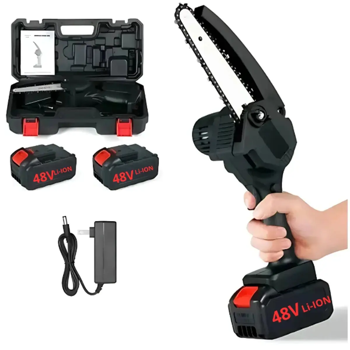Motosierra inalámbrica negra con barra y cadena expuestas, sostenida por una mano, acompañada de maletín rígido, dos baterías de 48V y un cargador.