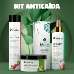 Kit anticaída capilar sobre fondo verde con champú de cebolla roja de 300 ml, tónico y mascarilla nutritiva para el crecimiento del cabello.