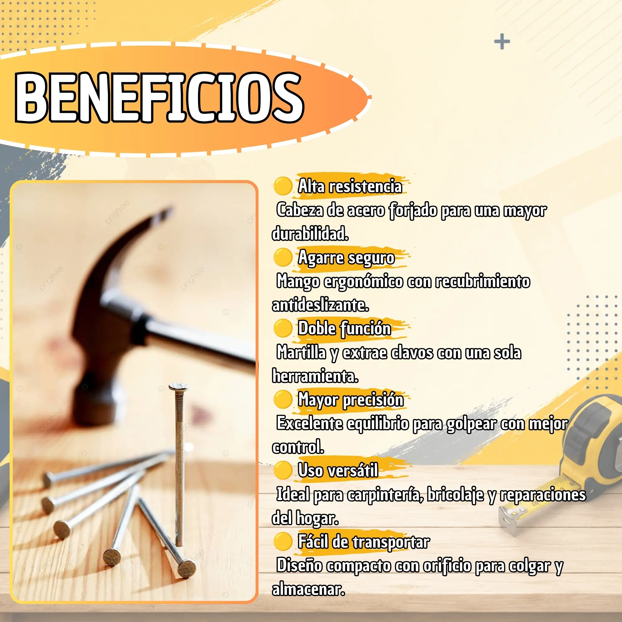 Martillo de uña de acero forjado con mango ergonómico - facilita reparaciones y trabajos de carpintería con máxima precisión