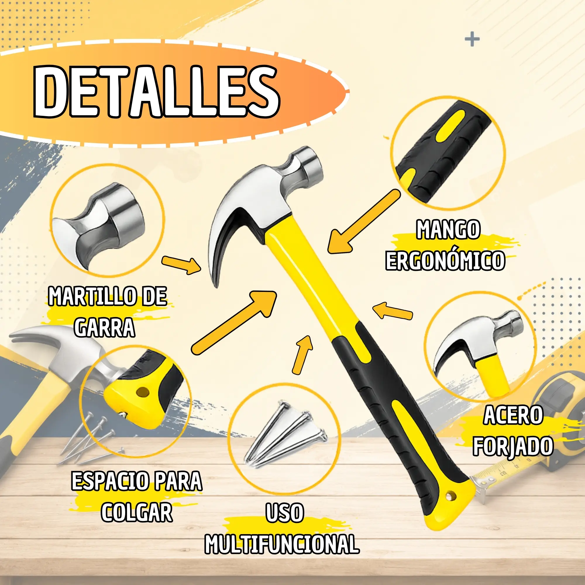 Martillo de uña de acero forjado con mango ergonómico - facilita reparaciones y trabajos de carpintería con máxima precisión