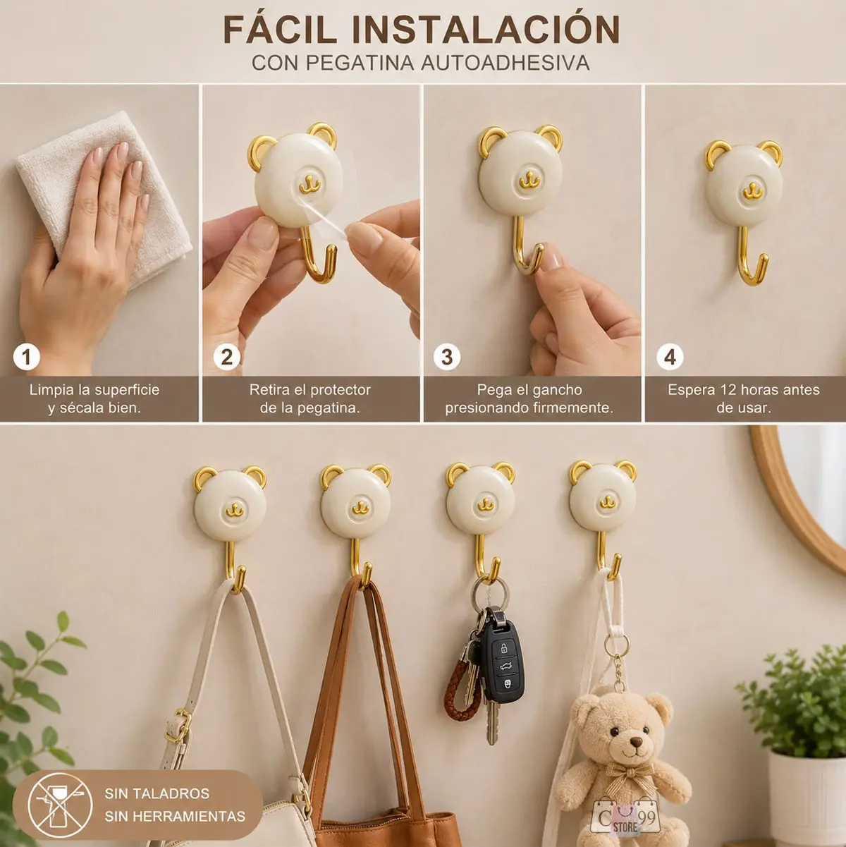 Guía de instalación y uso de ganchos adhesivos de oso color crema con detalles dorados, colgados en pared con bolsos, llaves y un peluche.