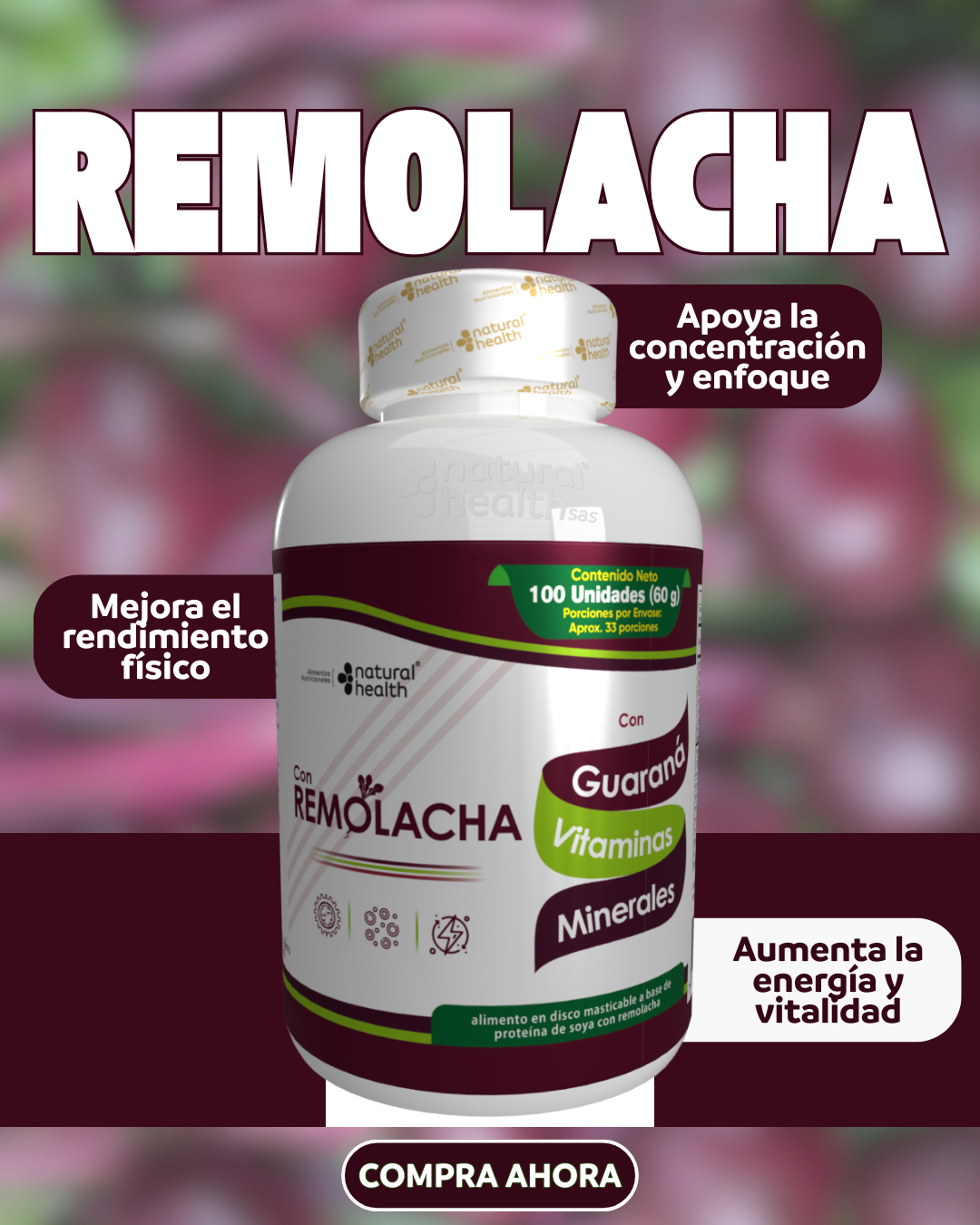 Suplemento de Remolacha con Guaraná en Discos Masticables - Aumenta tu energía diaria y mejora la resistencia física