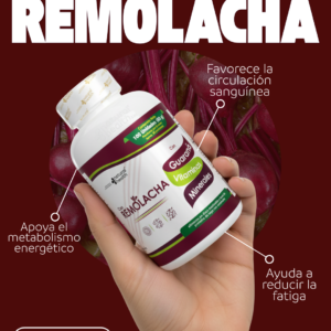 Mano sosteniendo frasco de suplemento de remolacha con guaraná, vitaminas y minerales en discos masticables, 100 unidades, sobre fondo de remolachas.