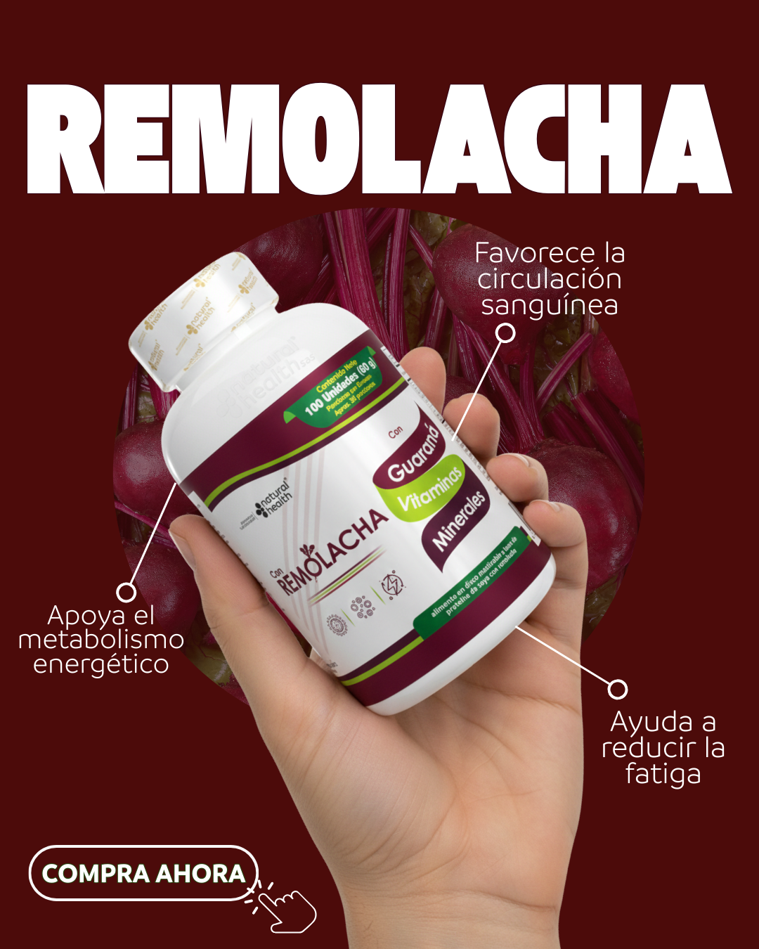 Suplemento de Remolacha con Guaraná en Discos Masticables - Aumenta tu energía diaria y mejora la resistencia física