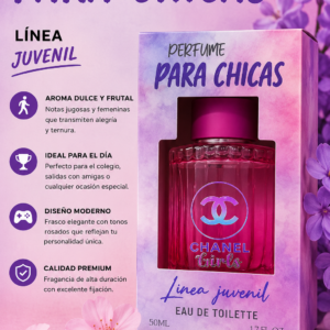 Perfume juvenil Eau de Toilette de 50 ml con frasco rosa brillante, empaque morado y flores alrededor.