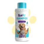 Envase cilíndrico blanco con tapa celeste de shampoo natural para perros y gatos de 550 ml, con fotos de un golden retriever y un gato gris.