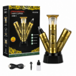 Kit de afeitadora y recortadora inalámbrica 3 en 1 en color dorado con relieve vintage, incluye tres cabezales intercambiables, base de carga, cable USB, cepillo y aceite.