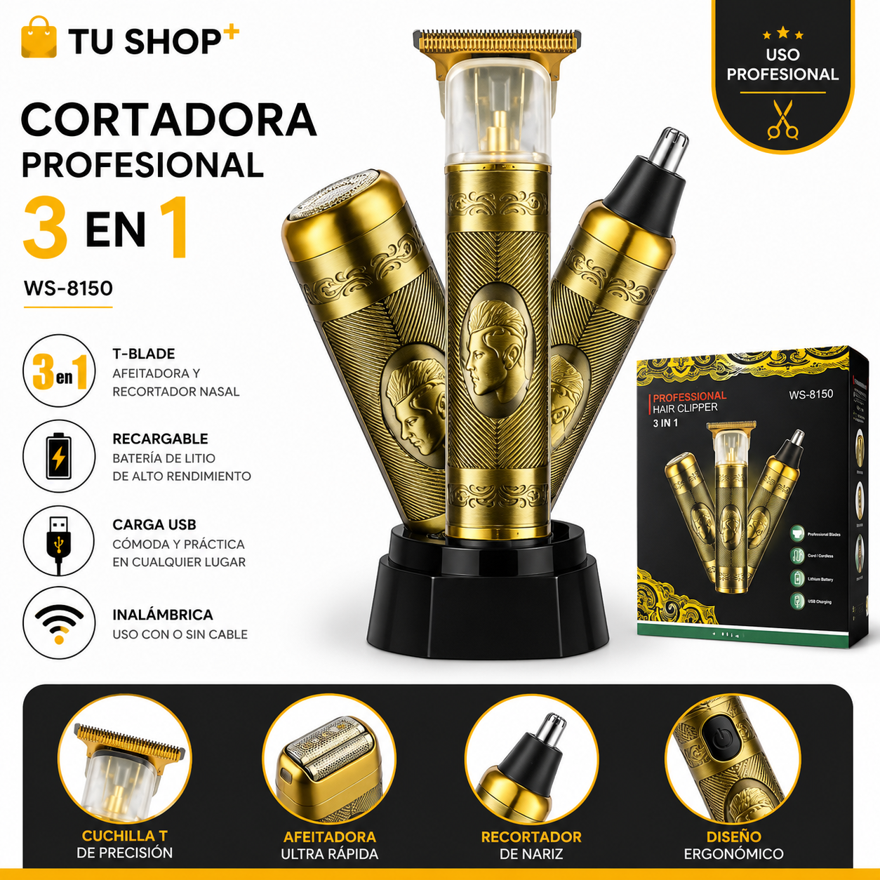 Kit de recortadora 3 en 1 dorado con diseño grabado, incluye cabezales de precisión, afeitado y nariz, base de carga y caja del modelo WS-8150.