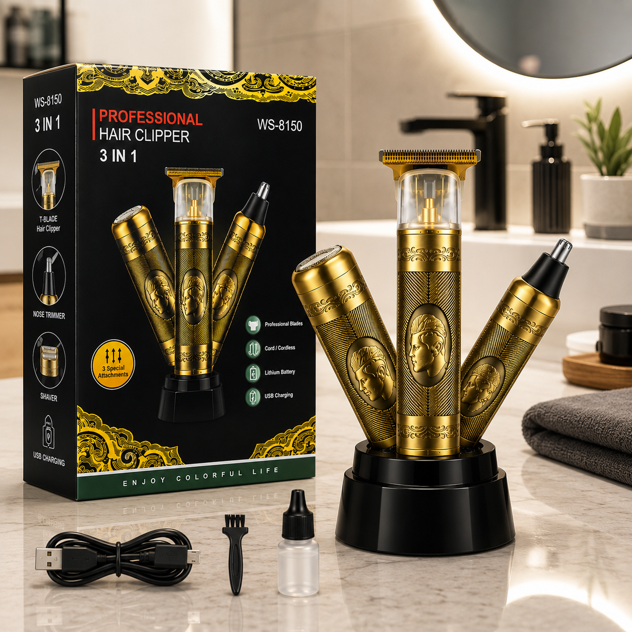 Kit de afeitadora y recortadora inalámbrica dorada de 3 piezas en base de carga junto a caja, cable USB, cepillo y aceite.
