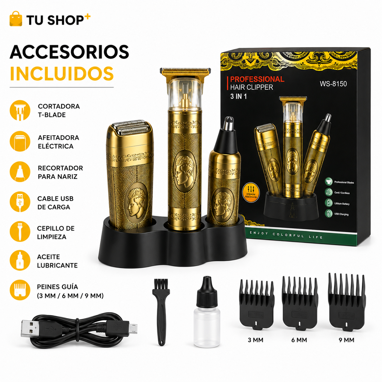 Kit afeitadora y recortadora inalámbrica 3 en 1 color dorado con base de carga, accesorios, cepillo, aceite y tres peines guía de 3, 6 y 9 mm.