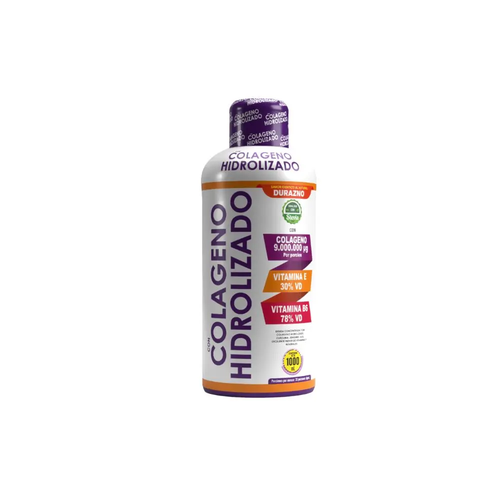 Botella blanca de colágeno hidrolizado líquido de 1000 ml, sabor durazno, con detalles en morado, naranja y rojo.