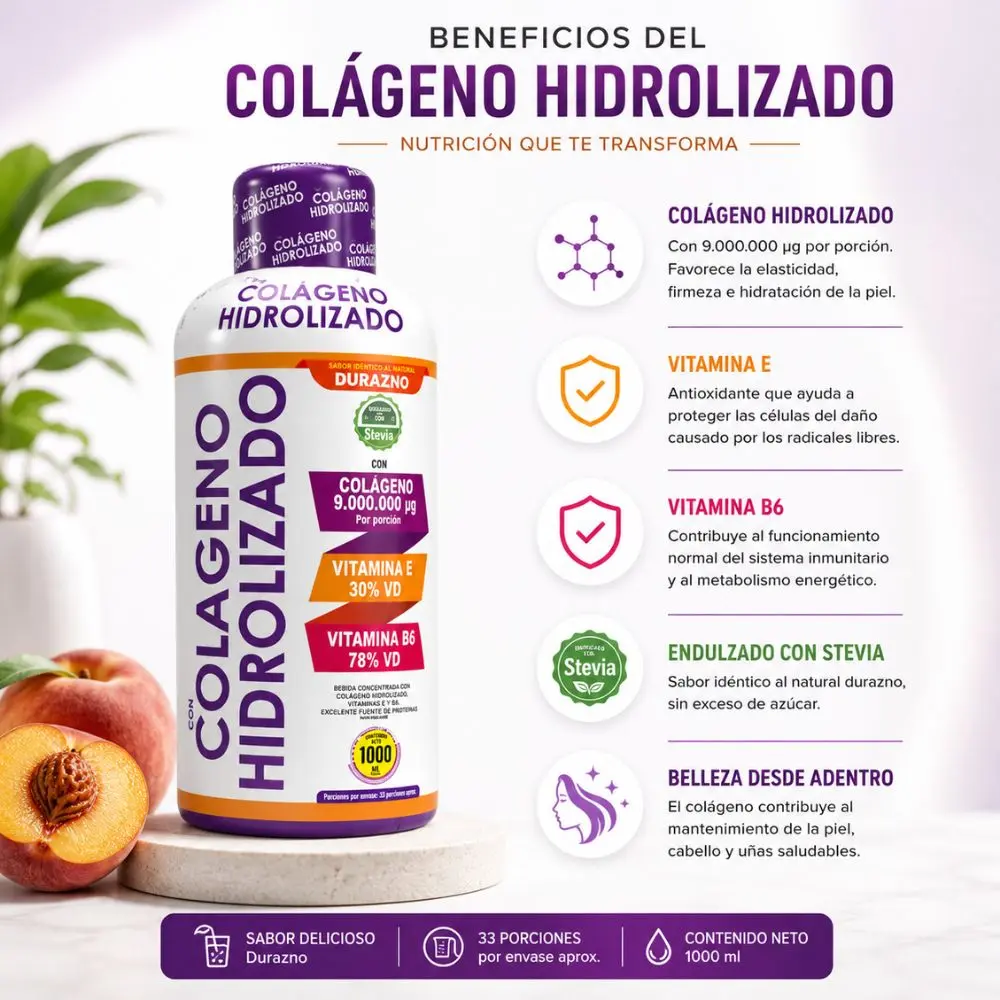 Botella morada de colágeno hidrolizado sabor durazno con 1000 ml, acompañada de duraznos frescos y listado de beneficios en español.