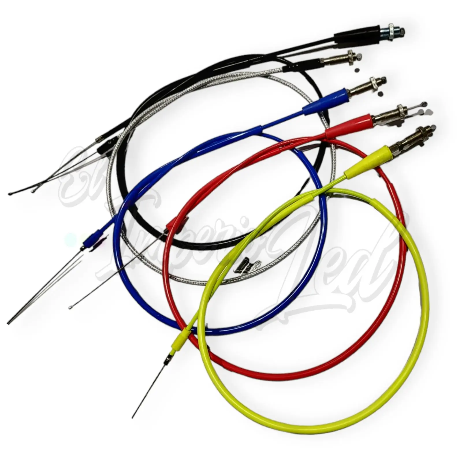 Guaya de acelerador universal de 1/4 para moto en colores negro, plateado, azul, rojo y amarillo con terminales ajustables.