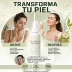 Tónico botánico facial de 120 ml en botella blanca con atomizador, rodeado de una mujer con piel opaca y otra con piel radiante.