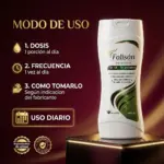 Shampoo Folisan Fito Medics de 400 ml, sin sal ni parabenos, sobre base oscura con instrucciones de uso diario para fortalecer el folículo y evitar caída.