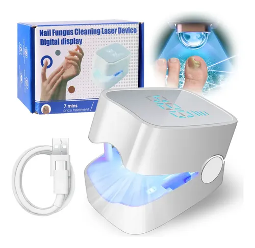 Dispositivo láser blanco para hongos en uñas con pantalla digital, incluye cable USB y caja azul con manual.