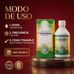 Extracto de Caléndula Natural Medy en caja y frasco de 360 ml sobre pedestal, con fondo rojo y guía de dosis y frecuencia de uso diario.