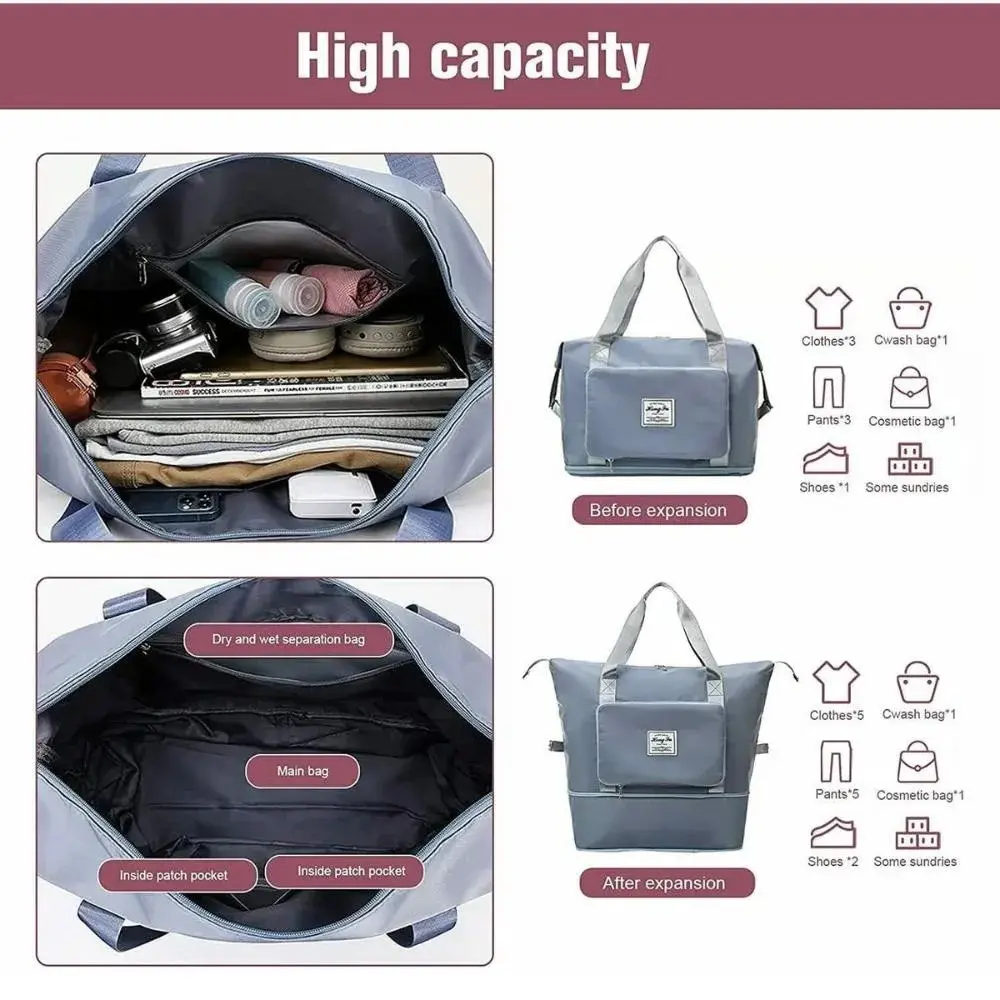 Bolso viajero azul de poliéster expandible. Muestra compartimentos internos para ropa y aseo, comparando su capacidad compacta y expandida.