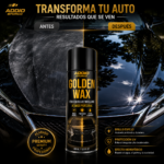 Cera líquida Golden Wax de 400 ml para autos, muestra un capó dividido entre un acabado opaco y uno brillante con efecto espejo tras su aplicación.