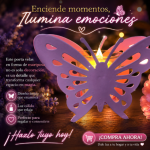 Porta velas mariposa azul con copa de vidrio y vela - Transforma tu espacio con luz cálida y elegante