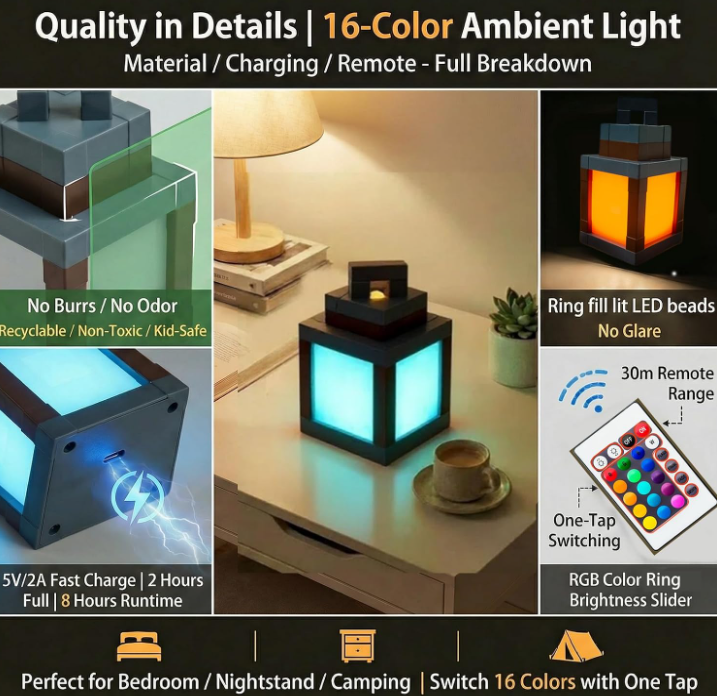 Lámpara LED recargable estilo píxel con 16 colores y control remoto, ideal para mesita de noche o camping, con luz ambiental suave.