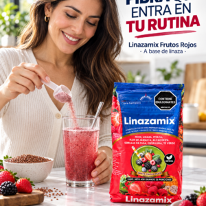 Mujer sonriente prepara bebida de Linazamix Frutos Rojos en polvo; el empaque de 450g destaca ingredientes como linaza, chía, noni y frutos rojos.