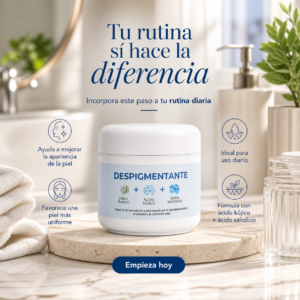 Tarro blanco de crema despigmentante con ácido kójico y salicílico sobre base de piedra en un ambiente de baño luminoso con plantas.