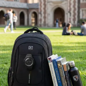 Mochila deportiva negra con reloj digital resistente en el bolsillo frontal, junto a libros y termo sobre césped en un campus universitario.
