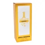 Caja rectangular dorada de perfume Paco Rabanne 1 Million Lucky Eau de Toilette, 100 ml, con diseño metálico y tipografía elegante en panel central blanco.
