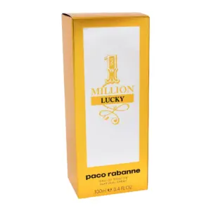 Caja rectangular dorada de perfume Paco Rabanne 1 Million Lucky Eau de Toilette, 100 ml, con diseño metálico y tipografía elegante en panel central blanco.