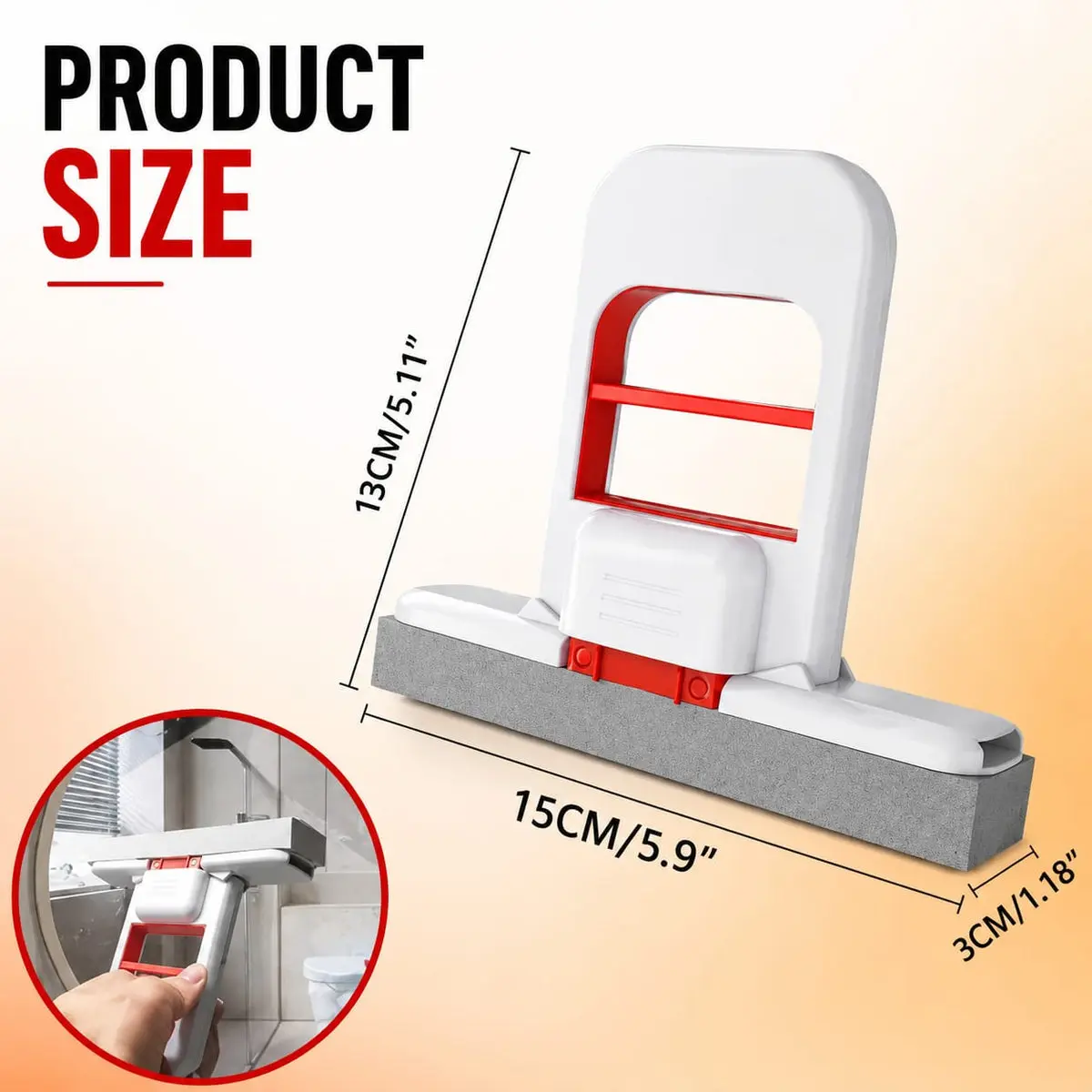 Mini mopa escurridora manual blanca y roja con esponja gris, mide 15 cm de ancho, 13 cm de alto y 3 cm de profundidad, incluye uso en espejo de baño.