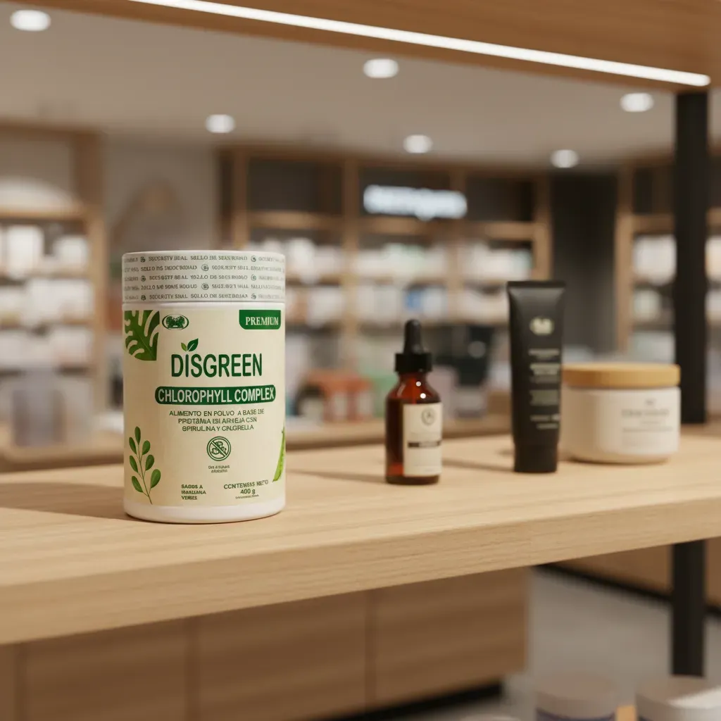 Envase cilíndrico blanco Disgreen de clorofila en polvo de 400 g con etiqueta verde, exhibido en estantería de madera junto a cosméticos en tienda.