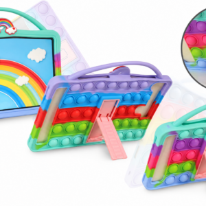 Funda antiestrés Pop It de silicona multicolor para tablet de 10 pulgadas, con soporte trasero desplegable y asa superior.