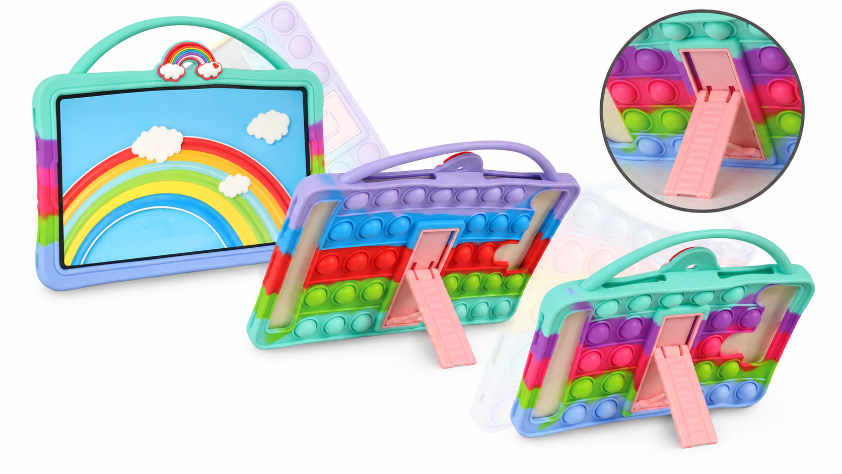 Funda antiestrés Pop It de silicona multicolor para tablet de 10 pulgadas, con soporte trasero desplegable y asa superior.