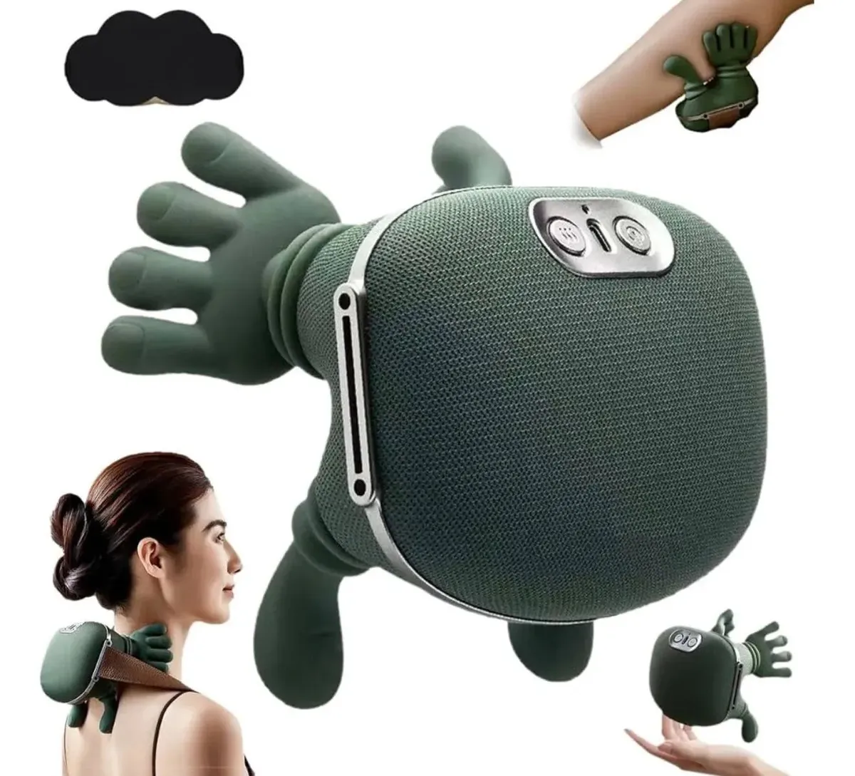 Masajeador inalámbrico verde de cuello y hombros con funda de tela texturizada y diseño ergonómico de manos moldeadas para alivio muscular.